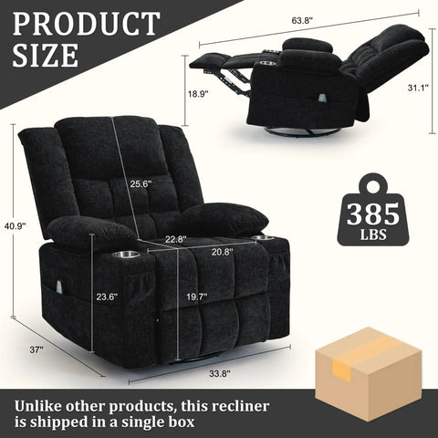 Black plush 360 Degree Rotating Recliner With Massage And Heat Built In Cup Holder dimensions with shipping details