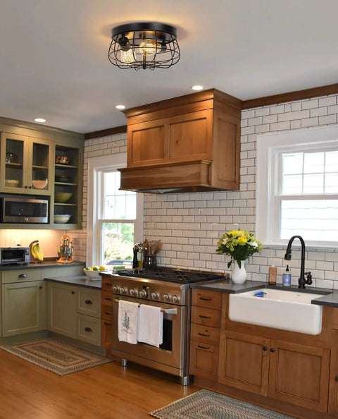 Industrial Black Flush Mount Ceiling Light 2 Light Farmhouse Fixture With Metal Cage Shade in modern rustic kitchen