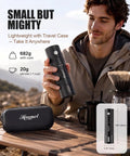 Straight Up Fast Electric Burr Coffee Grinder With Heavy Duty Stainless Steel Blades Cordless Rechargeable Unit Designed For Pour Over Or Espresso Smooth Rapid Grinds Always On Point Matte Black Housing with travel case in a man's hand.