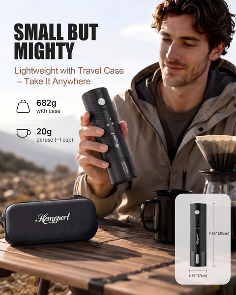 Straight Up Fast Electric Burr Coffee Grinder With Heavy Duty Stainless Steel Blades Cordless Rechargeable Unit Designed For Pour Over Or Espresso Smooth Rapid Grinds Always On Point Matte Black Housing with travel case in a man's hand.