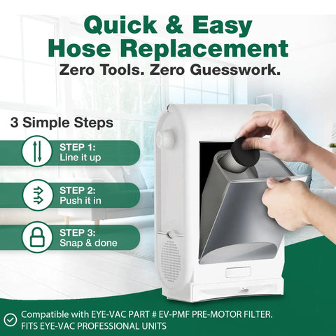 Hand replacing hose in Eye-Vac EV-PMF pre-motor filter unit, steps shown for Replacement Vacuum Filter For Eye-Vac EV-PMF Pre-Motor Filter And EV-EF Exhaust Filter, Fits Eye-Vac Professional Units, 1 Pack, Keeps Your Air Fresh And Your Vacuum Running Smooth