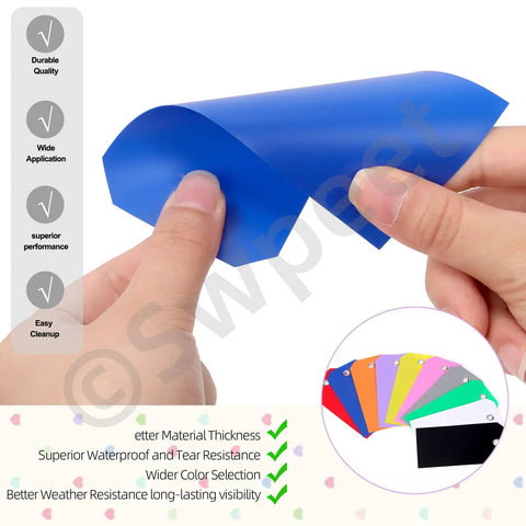 Hands holding blue 200Pcs Must Have Pink Waterproof Writable Eyelet Hole Plastic Tags With Wires Assortment Kit for Labeling