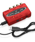 USB Audio Interface For Turntables And Cassette Tapes All In One Vinyl Recording Bundle With Audacity Software For Restoration Noise Reduction Editing And Recording On PC Black, red device with USB and audio ports