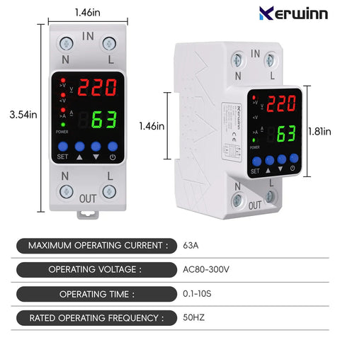 Adjustable Voltage Protector And Smart Circuit Breaker For 110V/220V Use Handles 80-210V Undervoltage To 130-300V Overvoltage 1-63A AC DIN Rail Voltage Stabilizer With Real Time Display And Overcurrent Protection, front view with 220V display