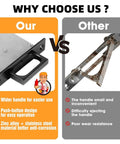 Comparison of pocket door hardware sets: Ours with wider, rust-resistant handles vs Other with small, corroded handles