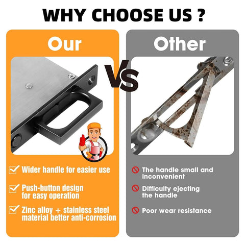 Comparison of pocket door hardware sets: Ours with wider, rust-resistant handles vs Other with small, corroded handles
