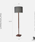 Walnut Rubberwood Floor Lamp With Grey Fabric Drum Shade 58.5 Inch Tall 3 Way Adjustable Brightness Perfect For Bedroom And Living Room Decor Elevates Your Home Vibe shown with dimensions.