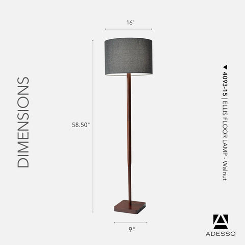 Walnut Rubberwood Floor Lamp With Grey Fabric Drum Shade 58.5 Inch Tall 3 Way Adjustable Brightness Perfect For Bedroom And Living Room Decor Elevates Your Home Vibe shown with dimensions.