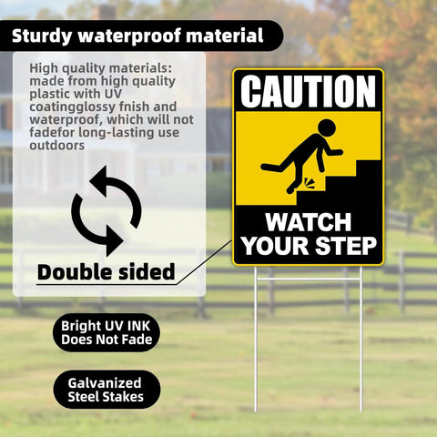 Watch Your Step Sign 12 By 9 Inch Double Sided Caution Sign Two Pack with durable H metal stakes on grass