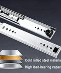 Heavy Duty Side Mount Drawer Slides Double Ball Steel Track Built Tough As Nails With Bidirectional Locking For Bedroom Drawers Slick Action No Drag Real Furniture Workhorse, cold rolled steel material with high load-bearing capacity.
