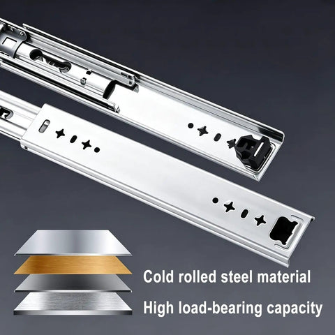 Heavy Duty Side Mount Drawer Slides Double Ball Steel Track Built Tough As Nails With Bidirectional Locking For Bedroom Drawers Slick Action No Drag Real Furniture Workhorse, cold rolled steel material with high load-bearing capacity.
