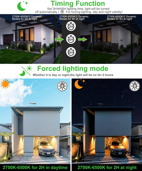 Six In One Solar Spotlight Kit demonstrating timing and lighting modes in garden and patio settings