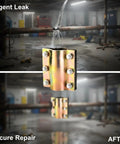 Before and after image of DN50 Heavy Duty Steel Tube Repair Clamp 2.4 To 2.5 Inch Leak Sealer for plumbing pipes, installed leaking pipe fix.