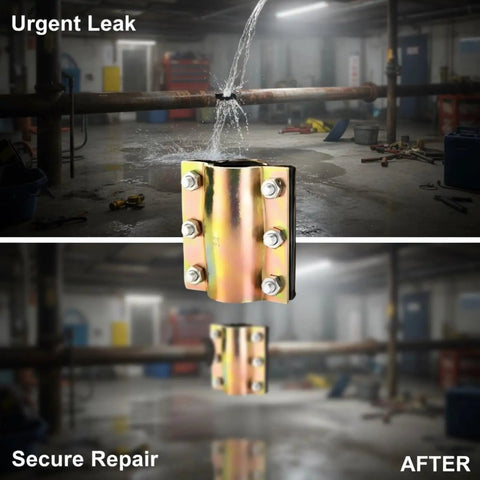 Before and after image of DN50 Heavy Duty Steel Tube Repair Clamp 2.4 To 2.5 Inch Leak Sealer for plumbing pipes, installed leaking pipe fix.