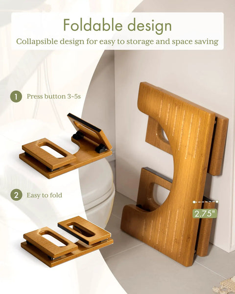 7 Inch Bamboo Toilet Stool For Adults, Foldable Squat Potty Stool For Bathroom, shown folded beside toilet, dark wood finish