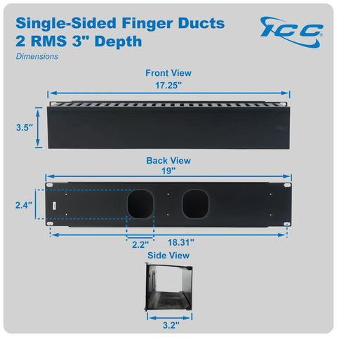 2U Finger Duct Cable Manager Panel With Cover For 19 Inch Racks 3 Inch Depth Horizontal Cable Management Black Rack Mount