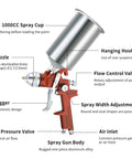 Built Tough HVLP Gravity Feed Spray Paint Gun With Swap Out Nozzle Pack And Easy Turn Air Regulator showing spray cup and ergonomic trigger.