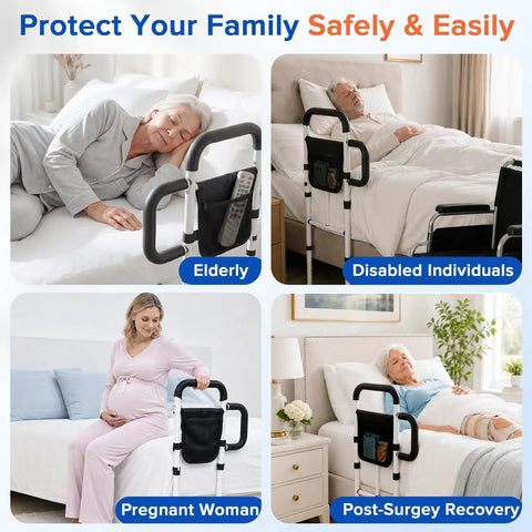 Adjustable Bed Rails For Seniors With Non Slip Grab Bar And Storage Pocket ASTM Approved Bed Cane in bedroom setting