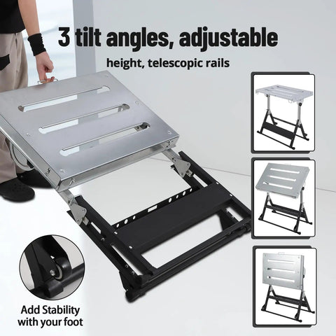 Rock Solid Folding Welding Table With Adjustable Height And Quick Tilt Settings Portable Slotted Steel Workbench showing 3 tilt angles and telescopic rails.