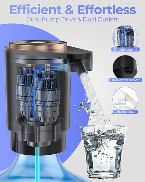 Easy Pour Workhorse Portable Electric Water Jug Pump For 5 Gallon Bottles With USB C Charging Dual High Power Motors Fast Flow Dispenser cutting through water.