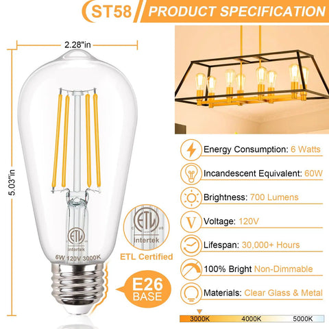 Diagram of Vintage Edison LED Bulbs 6W, 60W Equivalent, Soft White 3000K Clear Filament ST19 E26 with specifications