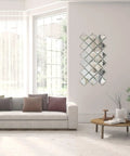 Peel And Stick 4 Inch Beveled Mirror Glass Tiles Silver Crystal Mosaic for Kitchen Backsplash and Bathroom on living room wall