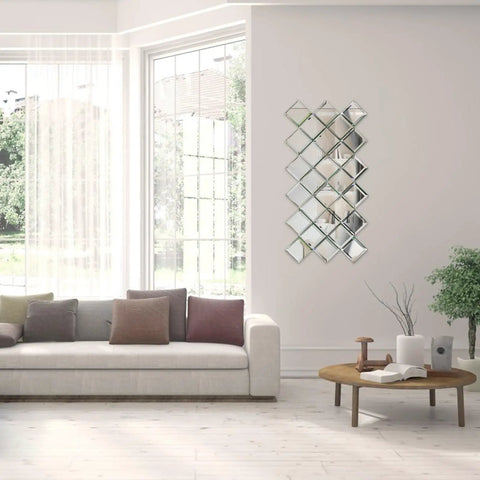 Peel And Stick 4 Inch Beveled Mirror Glass Tiles Silver Crystal Mosaic for Kitchen Backsplash and Bathroom on living room wall