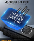 Wireless Portable Tire Inflator With Digital Pressure Gauge And Built In Led Light For Cars Bikes And Sport Gear Type C Rechargeable Smart Air Pump digital display showing tire pressure and modes.