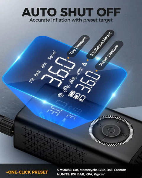 Wireless Portable Tire Inflator With Digital Pressure Gauge And Built In Led Light For Cars Bikes And Sport Gear Type C Rechargeable Smart Air Pump digital display showing tire pressure and modes.