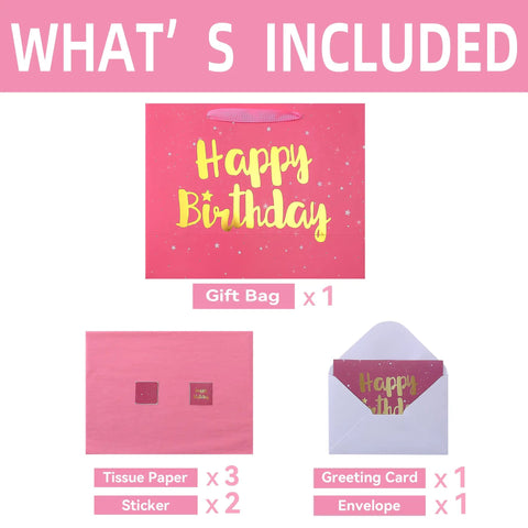 Giant Pink Gift Bag Set With Greeting Card And Tissue Paper Starry Night Design With Hot Foil Happy Birthday 13 By 5.2 By 10.2 Inches