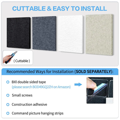 High Density Acoustic Absorber Panels 6 Pack 16 By 12 Inch with cuttable options and installation methods shown.
