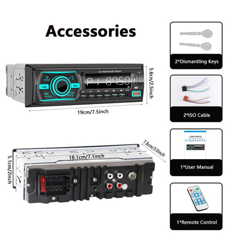Bluetooth Single Din Car Stereo With Hands Free Calling, various accessories including dismantling keys, ISO cable, user manual.