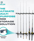 Road Trip Ready 2 Piece Fishing Rod Holder For Car And SUV Fly Rod Rack Vehicle Rod Mount Garage Organizer Wall Rack For Mops Brooms Shovels Car Clothes Hanger Bar And Storage Solution displaying rods mounted on a wall.