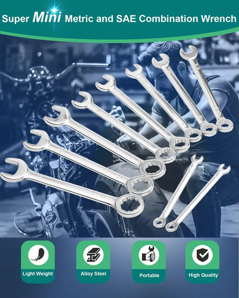 Compact Twenty Piece Wrench Set With Metric And SAE Sizes displayed with motorcycle background