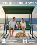 3-Person Outdoor Porch Swing Bed With Stand And Adjustable Canopy For Adults, seated family and dog on a patio during sunset
