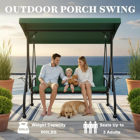 3-Person Outdoor Porch Swing Bed With Stand And Adjustable Canopy For Adults, seated family and dog on a patio during sunset