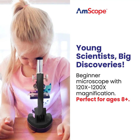 Child using M30 Series 52-Piece STEM Microscope Kit For Kids, Monocular Portable Compound Microscope in Black on table.