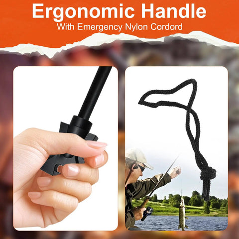 Close-up of hand holding Magnesium Fire Starter With Striker Kit High Temp Ferro Rod Fire Starter Survival Tool