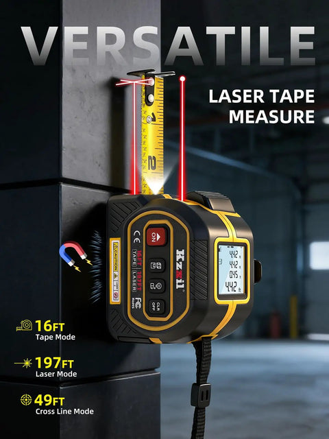 Laser Tape Measure 4 In 1 With 196 Ft Laser Distance Meter And 16 Ft Manual Tape Cross Line Laser Magnetic Base Pro Grade Quick Measurements For Home Renos And The Jobsite, shown on wall