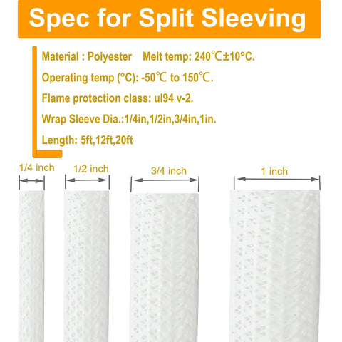 Specifications for 12ft Self Wrapping Cable Management Sleeve For Desk Wall And Floor Braided Mesh Split Loom Tubing Hider