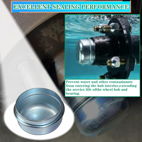 OZISENS 1.98-inch trailer hub dust caps, 2-pack, shown loose and installed on boat trailer hub (Dexter EZ Lube).