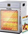 Straight Up Heavy Duty 12 Tray Food Dehydrator For Jerky And Dog Treats, 1200W Motor with visible trays and cookbook.