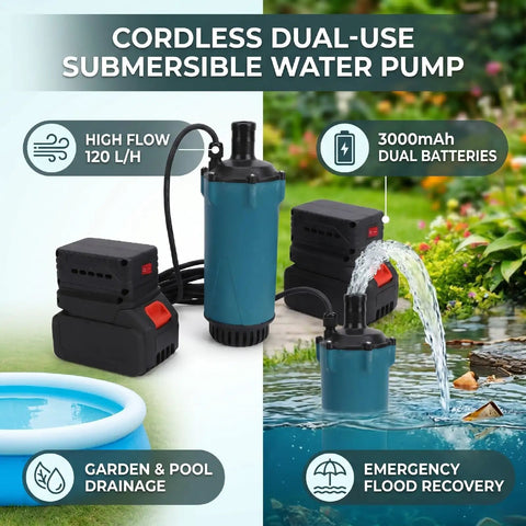Heavy Duty 21V Cordless Submersible Sump Pump For Basement Floods And Garden Drains Delivers A Freakin Smooth 120L Per Hour Flow Rate With Hassle Free Battery Power And Zero Tangled Cords in a garden setting.