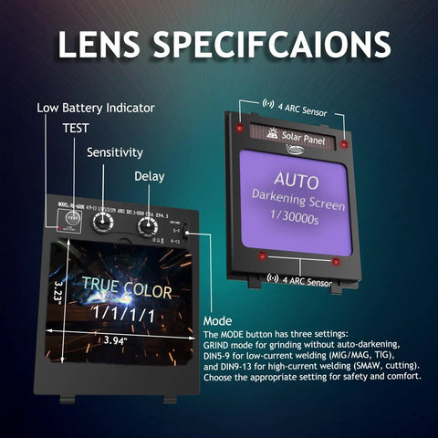 Auto Darkening Welding Helmet With True Color View Large Viewing Window Solar Powered Lens Specifications