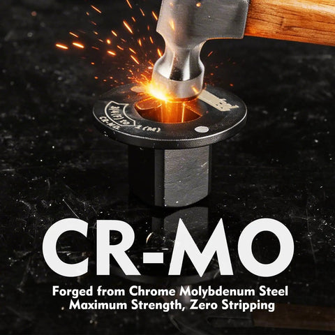 Close-up of hammer striking CRMO steel impact socket from Low Profile Impact Socket Adapter Set Four Piece Kit For Tight Spaces Includes 3/8 To 1/2, 1/4 To 3/8, 3/4 To 1, 1/2 To 3/4 Stackable Extensions For Automotive And DIY CRMO Steel Impact Rated For Hard To Reach Jobs.