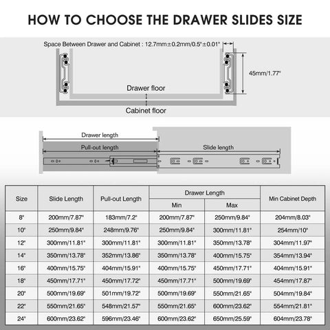 Size chart and installation guide for Beefy Full Extension Drawer Slides 100 Lb Load Side Mount Ball Bearing Rails, 45mm wide.