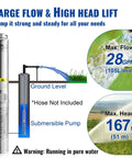 Deep Well Submersible Pump 0.5HP 230V 28GPM 167 Ft Head With 33 Ft Cord label highlighting flow and head lift