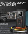 Portable Tire Inflator Air Compressor 160 PSI With Memory Function And Tire Pressure Gauge in action, showing digital display and controls.