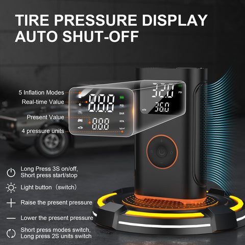 Portable Tire Inflator Air Compressor 160 PSI With Memory Function And Tire Pressure Gauge in action, showing digital display and controls.