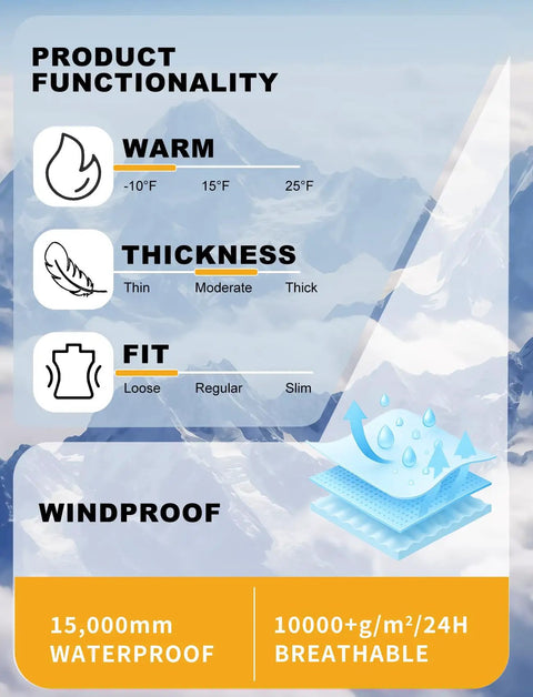 Warm Insulated Waterproof Snow Jacket For Men And Women Hooded Snowboard Coat with windproof features and breathability levels.